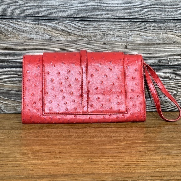 The Limited Vegan Faux Ostrich Leather Clutch Wristlet Purse Red‎ - Picture 4 of 7